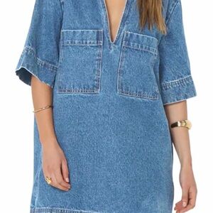 Denim V-Neck Shift Dress with Front Pockets